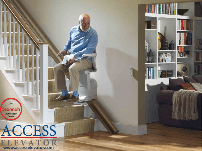 Elder Man on Stair Lift on Stairs in Buffalo, Rochester, Ithaca, NY, Erie